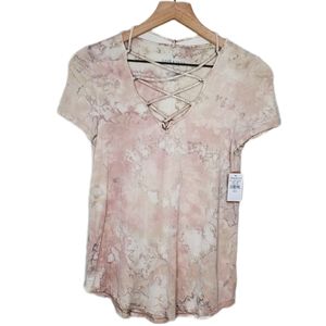 NWT AEO American Eagle SZ S Tie Dye Soft & Sexy Lace Up T-Shirt Pink